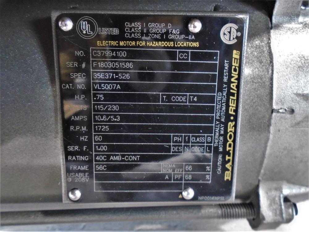 Baldor Reliance .75 HP Electric Motor #VL5007A, 115/230V, 1725 RPM